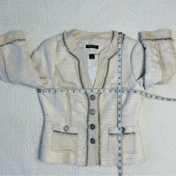 White House Black Market 2 Piece Pants Suit Size 4 Beige Tweed Embellished - Picture 9 of 15